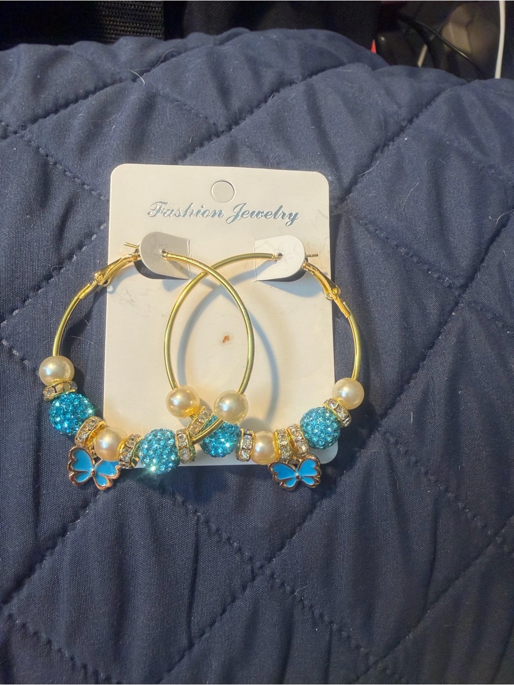 Fashion Jewelry Gold Hoop Earrings with Turquoise Beads & Pearls